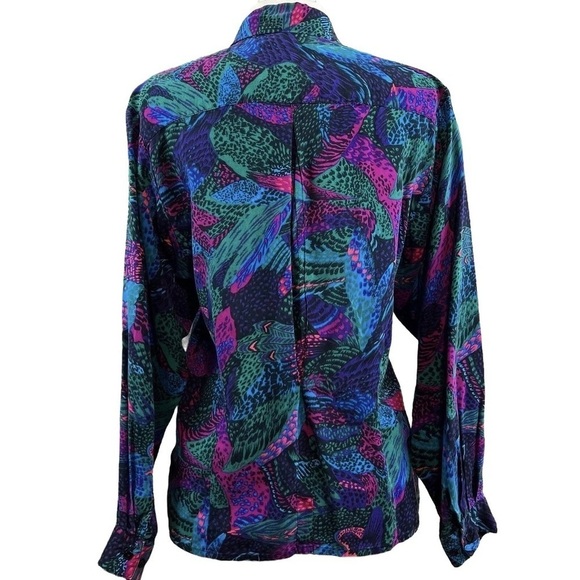 Vtg 80s TanJay Animal Abstract Tie Bow Buttoned Top Purple Pink Blue Size 8 - Picture 2 of 9
